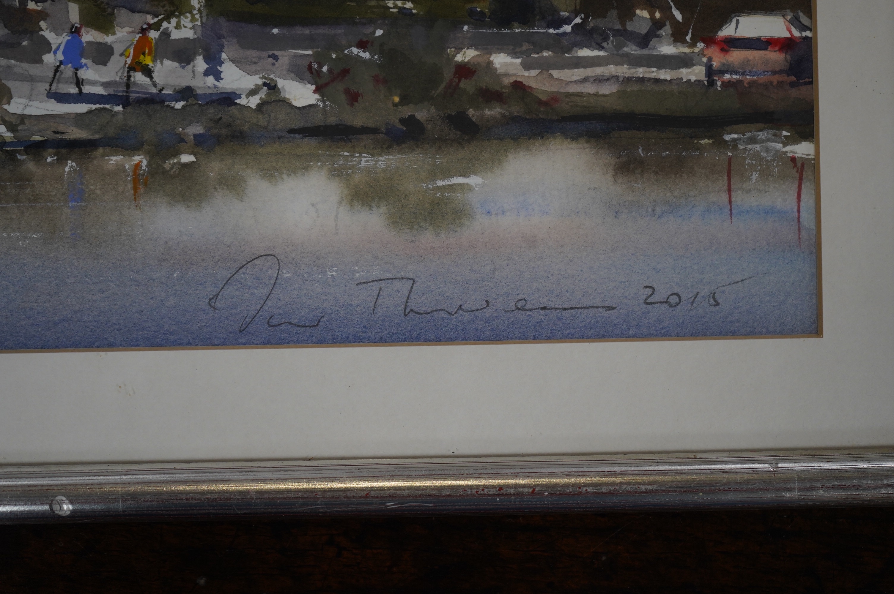 Oskar Thorarensen, watercolour, Riverscape with figures, signed and dated 2015, 22 x 23cm. Condition - good